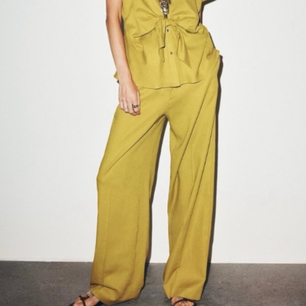 Zara Wide Leg Linen Blend Pants Mustard SZ L